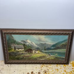 oil painting depicting a rustic landscape scene with mountains and a lake
