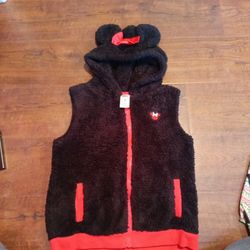 Girls Disney Girls Black Fleece Vest 6x Hoodie Sleeveless Sherpa Minnie Mouse Ears G3