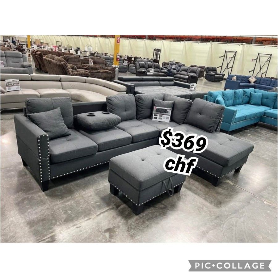 Charcoal linen fabric sectional sofa with storage ottoman 