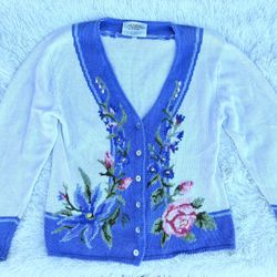 ✨RARE VINTAGE SUSAN BRISTOL CARDIGAN STUNNING FORAL DUSTY BLUE PINK SIZE M ✨
