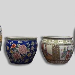 Lg Chinese Export Porcelain Decor Vases, Fish Pots