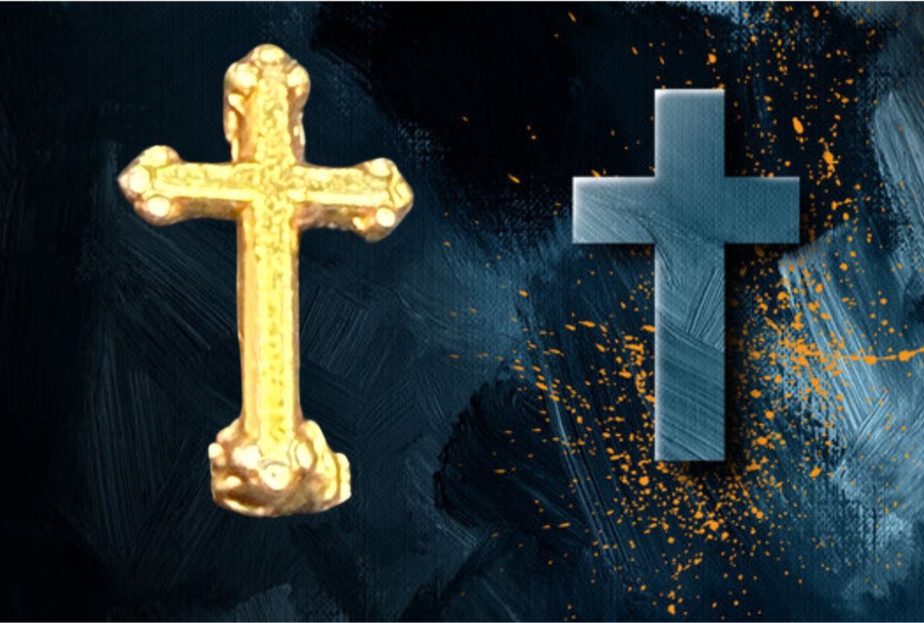 Vintage 1940s Small Budded Cross Gold-Tone Lapel Pin, 0.25x0.5”