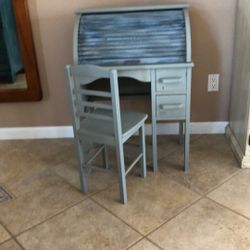 Antique Child’s Roll Top Desk With Chair