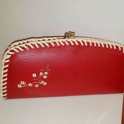 VINTAGE NEW GENUINE LEATHER STITCHED FLORAL FLOWER RED WHITE COIN PURSE WALLET