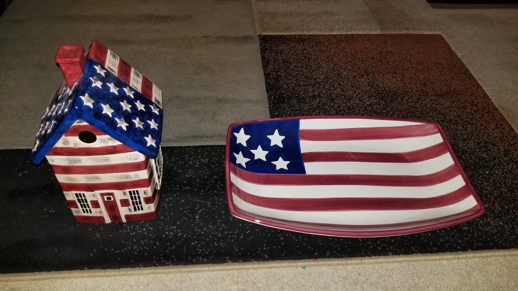 American Flag cookie jar and 19" plate - excellent condition!