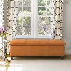 49 in. Whisky Brown Upholstered Faux Leather Storage Ottoman with Safety Hinge