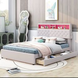 NEW Beige Queen Linen Platform Bed with Storage Headboard, LED & USB Charging