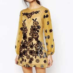 For Love & Lemons Heather Mini Long Sleeve Velvet Floral Yellow Dress Size XS