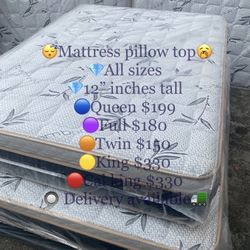 ✨Mattress pillow top✨ 💎All sizes 💎12” inches tall 🔵Queen $199 🟣Full $180 🟠Twin $150 🟡King$330  🔴Cal king $330 🔘 Delivery available🚛