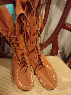 Leather fringe suede moccasins boots NYLA NEW woman's size 10 hippie boho ethnic