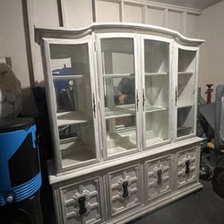 Vintage Distressed White China Cabinet / Hutch – Ornate Mediterranean Style – $495