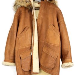 Sawyer of Napa XL Shearling Lambskin Coat Cognac Hooded USA Vintage 80s Like New