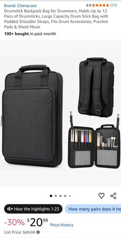 Drumstick Backpack Bag for Drummers, Holds Up to 12 Pairs of Drumsticks, Large Capacity Drum Stick Bag with Padded Shoulder Straps, Fits Drum Accessor