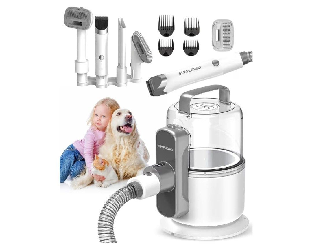 Simpleway Vacuum Grooming Kit for Shedding: Professional Hair Clippers Pet Groomer - Deshedding Tool Fur Brush Attachment Trimmer for Home Cat (Cream