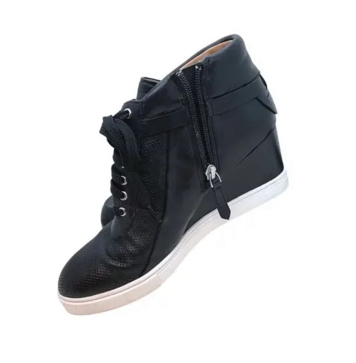 LINEA PAOLO BOOTIES 8 M Black Hidden Wedge Sneaker Zip Lace Up Street Style