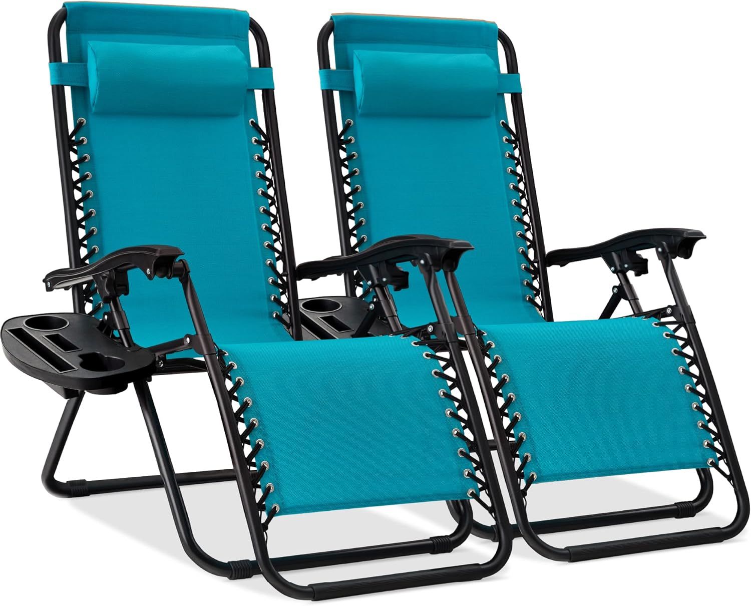 Best Choice Products Set of 2 Adjustable Steel Mesh Zero Gravity Lounge Chair Recliners w/Pillows and Cup Holder Trays - Peacock Blue