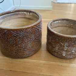 Set Of Two Ceramic Brown Pots With Drainage Holes