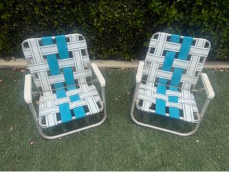 2 VTG Aluminum Low Profile Folding Beach Camping Lawn Chair Webbed Blue & White