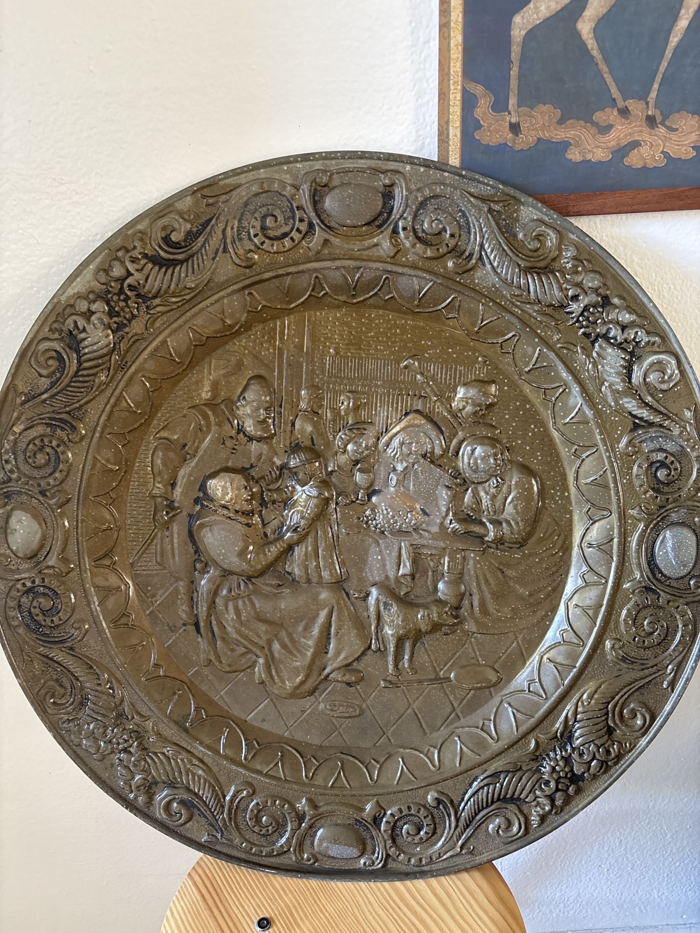 Antique English Repoussé Brass Wall Plaque – Medieval Scene (Circa 1900)
