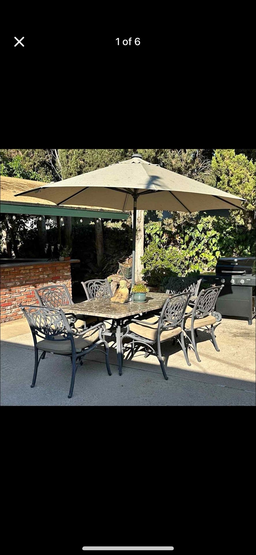 Outdoor Patio Table And Six Chairs With Cushions And Umbrella (with Lights)