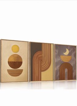 BICERE Large Boho Woodcut Framed Canvas Wall Art,Mid Century Modern Wall Decor,Abstract Geometric Brown Art Prints,Bohemian Sun and Moon Artwork for L