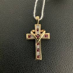 10k Yellow Gold Ruby And Diamond Cross Pendant 