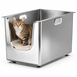 XL Stainless Steel Cat Litter Box – 13.7” High Sides & Low Entry
