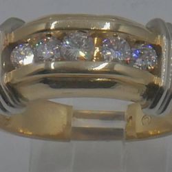 14KT YELLOW GOLD RING W/ WHITE GOLD BARS & 5 DIAMONDS 0.50 CARATS DIAMONDS SZ-9 9.3 GRAMS.