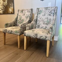 TWO Oversized Cost Plus World Market Cream & Green Accent Armchair With Natural Wood Legs