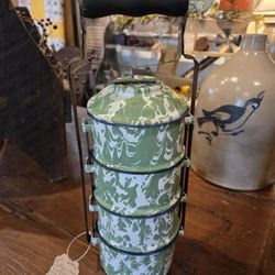 Vintage Green And White Enamelware Tiffin