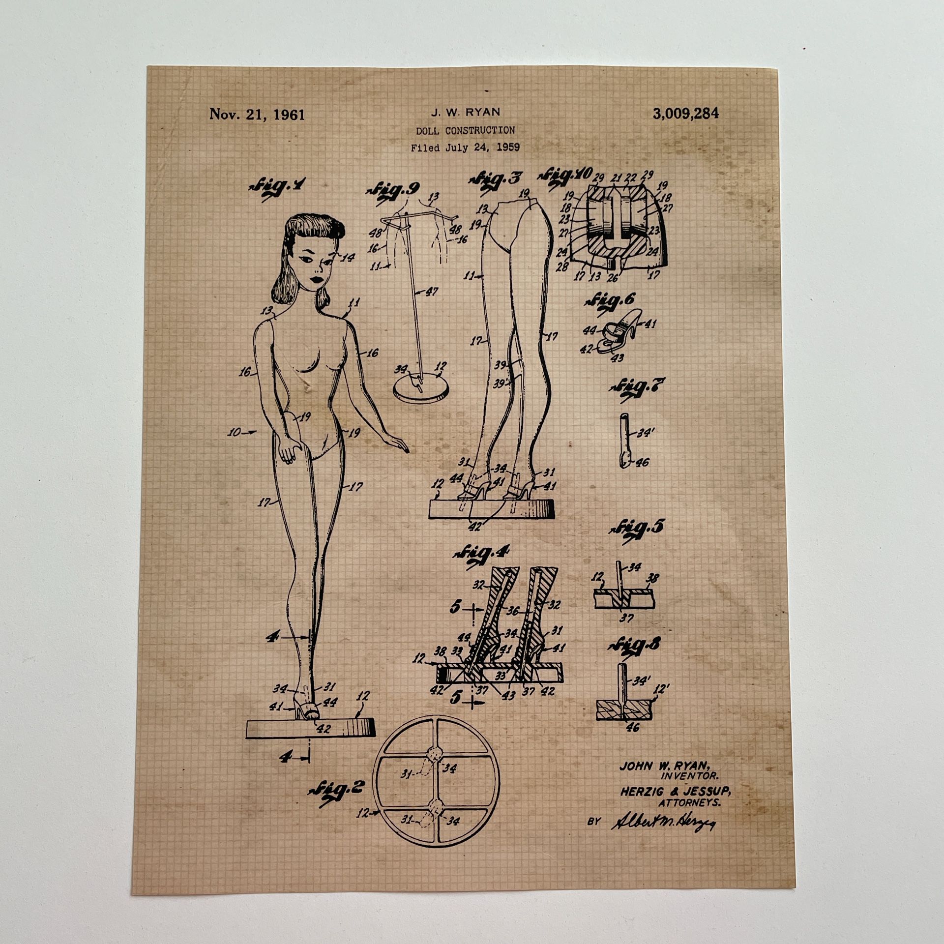 Vintage 1961 Barbie Doll Toy Patent Print Art Drawing Poster