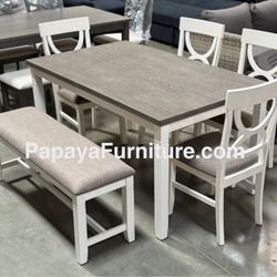 New! 6pcs Dining Set, Table And Chairs, Bench, Dinette Set, Dining Room Set, Table, Chairs, Kitchen Table, Dinette Set, White Wooden Table Dining Set 