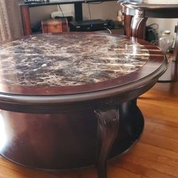Wood with marble insert coffee and side tables