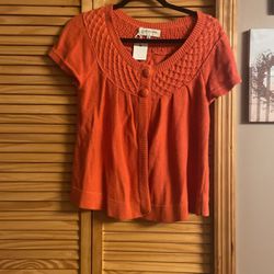 Pumpkin Color, Short Sleeve, Sweater, Cardigan, Size Medium