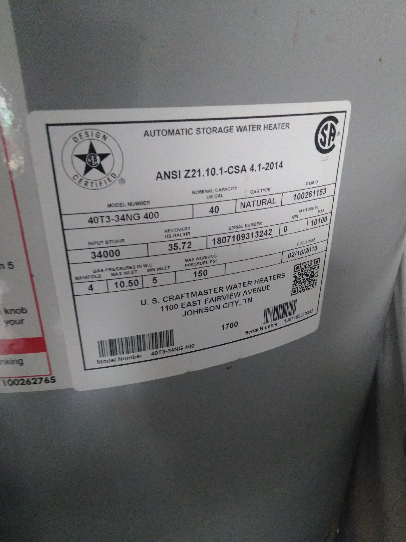 Envirotemp Natural Gas Water Heater 5ft Tall