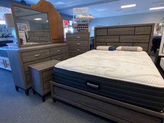 Queen Gray 4pc Bedroom Set Bed Dresser Mirror Nightstand Optional Chest, extra nightstand, King size and mattress set available for extra pick up can 