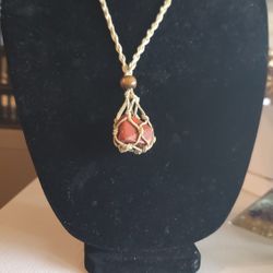 Handmade macrame red jasper crystal pendant necklace 