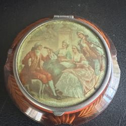 Art Deco Prystal Bakelite-Reverse Carved Amber color-Ladies Powder compact-French Victorian Gathering Motif 1920's