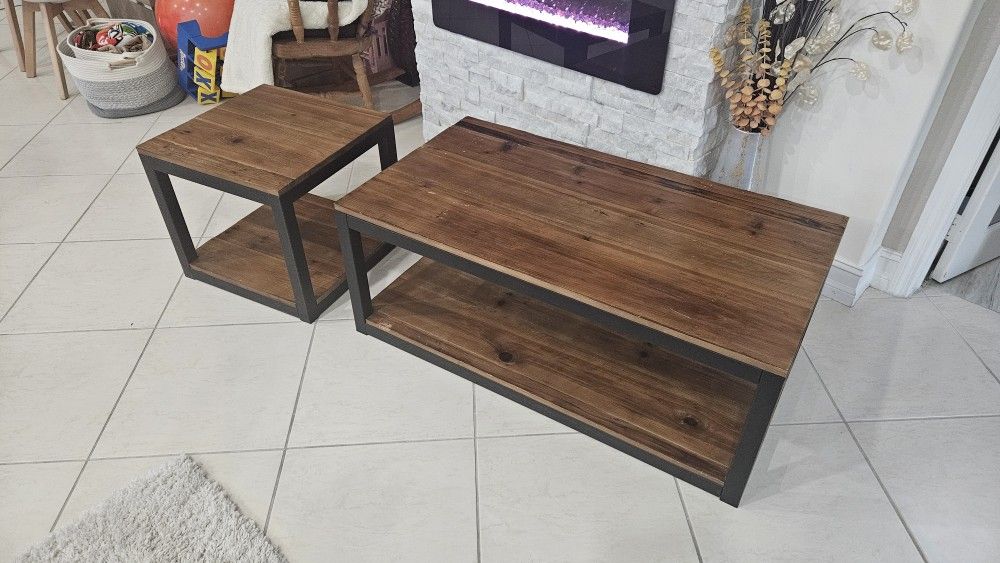 Farmhouse Real  Wood Coffee Table and end table Living Room, Rustic Accent Cocktail Table, Vintage Industrial Metal Frame