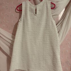 Sleeveless White A-Line Knee Length Dress Bouclé Round Neck Bow Accent Girls