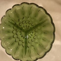 Anchor Hocking Depression Glass Fairfield Pattern Avocado Green Three Part Divided Scalloped Edged Serving Platter