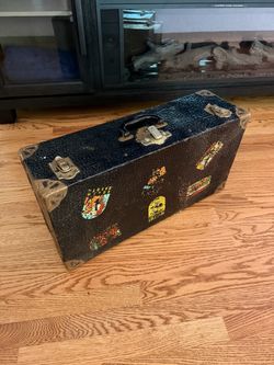 Vintage Black Travel Suitcase Hard Case Luggage With Stickers