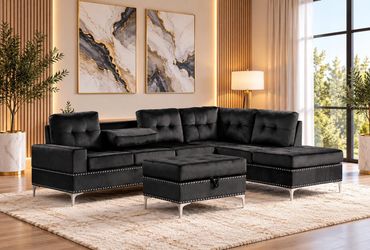 Black Velvet Sectional Sofa with Ottoman