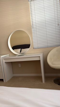 White Vanity Desk with Round Mirror ikea