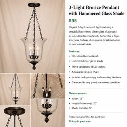 3-Light Bronze Pendant with Hammered Glass Shade