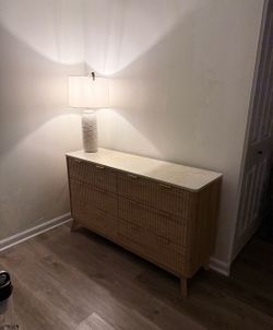 54" 6-Drawer Dresser – Natural Oak / Faux Marble Top