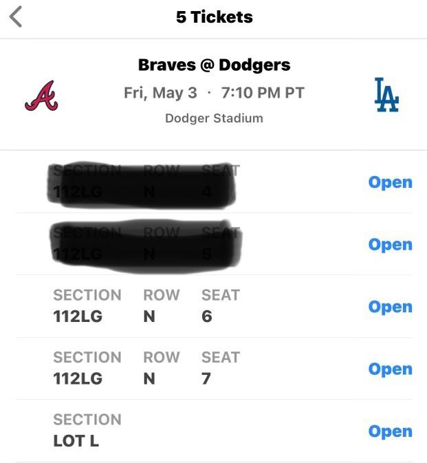 2 Tickets Los Angeles Dodgers vs Atlanta Braves 5/3 Dodger Stadium Premium Parking Included