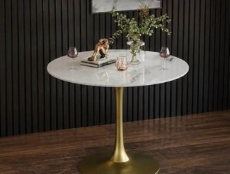Modern Round Dining Table Sintered Stone Tabletop with Metal Base