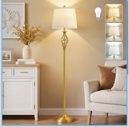 NEW 62” Farmhouse Vintage Floor Lamp for Living Room – Gold Standing Lamp with Linen Shade, Adjustable Color Temperatures, Reading Light for Bedroom &