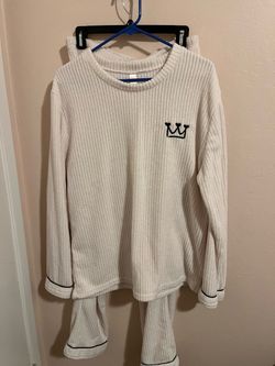 Cream Ribbed Pajama Set with Crown Embroidery